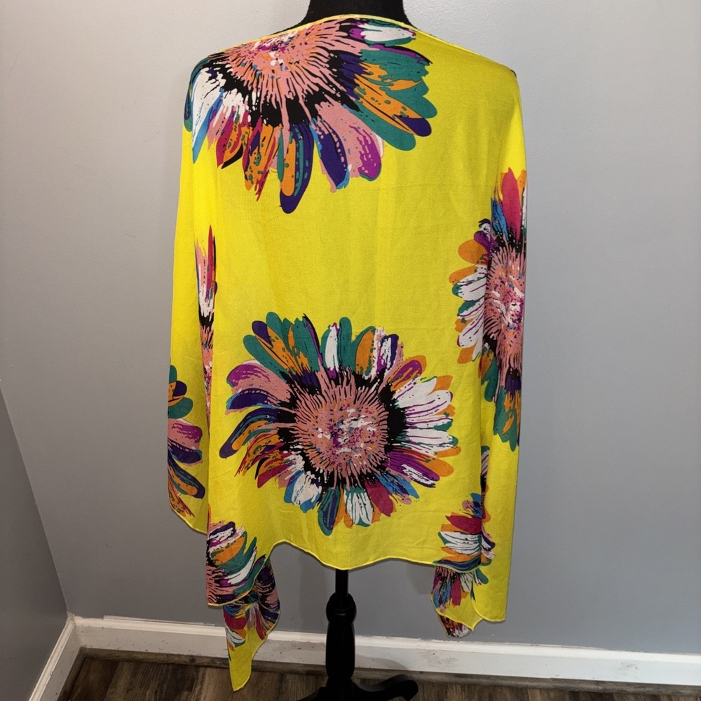 Yellow Vibrant Floral Sheer Kimono Swimwear Coverup One Size Resortwear Artsy - Picture 3 of 5